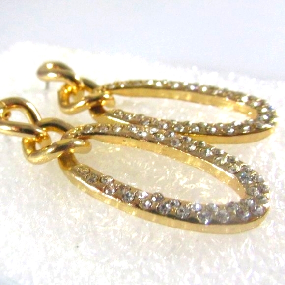 Vintage Twist Oval Crystal 14k Gold Dipped Post Drop Earrings - Picture 3 of 8